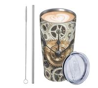 GJHKSSVB Gobelet isotherme de 591 ml en acier inoxydable avec couvercle et paille de style Steampunk Gears Clock - Tasse à café de voyage étanche avec couvercle et paille - Cadeau idéal pour homme et