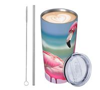 GJHKSSVB Gobelet isotherme en acier inoxydable avec couvercle et paille - 591 ml - Motif flamant rose sur la plage - Cadeau idéal pour homme et femme