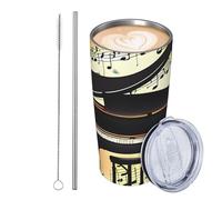 GJHKSSVB Gobelet isotherme en acier inoxydable de 591 ml avec couvercle et paille - Motif piano et notes de musique - Tasse à café de voyage étanche avec couvercle et paille - Cadeau idéal pour homme