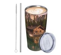 GJHKSSVB Lake And Wood Cottage Gobelet isotherme en acier inoxydable de 591 ml avec couvercle et paille - Tasse à café de voyage étanche avec couvercle et paille - Cadeau idéal pour homme et femme