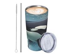 GJHKSSVB Orca Killer Whale Gobelet isotherme en acier inoxydable de 591 ml avec couvercle et paille - Tasse à café de voyage étanche - Cadeau idéal pour femme, homme, amoureux