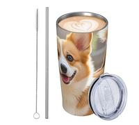 GJHKSSVB Playful Corgi Gobelet isotherme en acier inoxydable de 591 ml avec couvercle et paille - Tasse à café de voyage étanche - Cadeau idéal pour femme, homme, amoureux