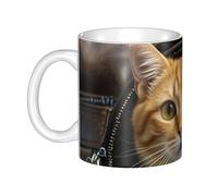 GJHKSSVB Tasse à café de 325 ml avec poignée, tasse à thé fantaisie chat regardant hors de la poche zippée en cuir tasse à café en céramique pour homme femme travail de bureau