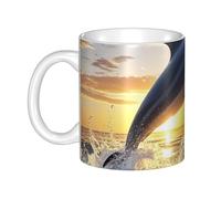 GJHKSSVB Tasse à café de 325 ml avec poignée, tasse à thé fantaisie dauphins sautant hors de l'eau au coucher du soleil tasse à café en céramique pour homme femme travail de bureau