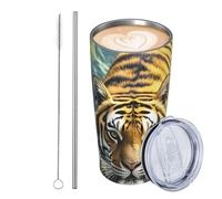 GJHKSSVB Tiger In Jungle Gobelet isotherme en acier inoxydable de 591 ml avec couvercle et paille - Tasse à café de voyage étanche - Cadeau idéal pour homme et femme