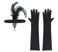 Gjinxi Ensemble bandeau à plumes style années 1920 pour femme - Gants longs pour bal masqué sur le thème de Gatsby - Pour Halloween, thé, carnaval, costume de coiffure