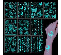 Gjinxi Tatouages temporaires phosphorescents pour femme - 10 feuilles de fleurs lumineuses - Papillons - Ailes - Étoiles - Lune - Autocollants imperméables pour le visage, le corps et les bras