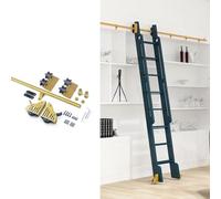 GJMSSMY Système de Rail Coulissant avec Frein pour échelle Mobile, Comprenant Un Rail supérieur, Une Roulette et Une Roue au Sol. Rail Tubulaire Rond en Acier doré pour bibliothèque, greni