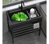GJPDPZ Évier utilitaire noir en acier inoxydable pour le lavage, évier de cuisine commercial robuste avec robinet et étagères pour garage, restaurant (90 x 45 x 86 cm)