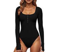 GJY Body pour femme, fermeture à bouton-pression, col rond, manches longues, combinaison décontractée à coupe ajustée, hauts chemises, Noir , S
