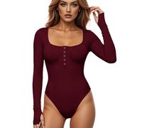 GJY Body pour femme, fermeture à bouton-pression, col rond, manches longues, coupe étroite, décontracté, chemises, Bordeaux, XL