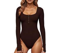 GJY Body pour femme, fermeture à bouton-pression, col rond, manches longues, coupe étroite, décontracté, chemises, café, M