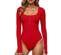 GJY Body pour femme, fermeture à bouton-pression, col rond, manches longues, coupe étroite, décontracté, chemises, Rouge Kandis, S