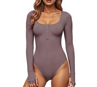 GJY Body pour femme, fermeture à bouton-pression, col rond, manches longues, coupe étroite, décontracté, chemises, Rose marron, XXL