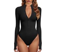 GJY Body pour femme une pièce avec fermeture éclair sur le devant et manches longues, Noir , M