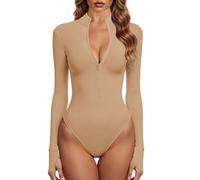 GJY Bodys pour femme - Une pièce zippée sur le devant - Manches longues - Combinaisons, Abricot clair, M
