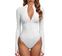 GJY Bodys pour femme - Une pièce zippée sur le devant - Manches longues - Combinaisons, Blanc., XL