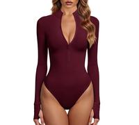 GJY Bodys pour femme - Une pièce zippée sur le devant - Manches longues - Combinaisons, Bordeaux, M