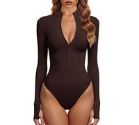 GJY Bodys pour femme - Une pièce zippée sur le devant - Manches longues - Combinaisons, café, M