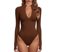 GJY Bodys pour femme - Une pièce zippée sur le devant - Manches longues - Combinaisons, Marron russet, M