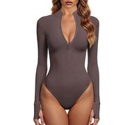 GJY Bodys pour femme - Une pièce zippée sur le devant - Manches longues - Combinaisons, Rose marron, M