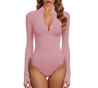 GJY Bodys pour femme - Une pièce zippée sur le devant - Manches longues - Combinaisons, Rose mignon, XXL