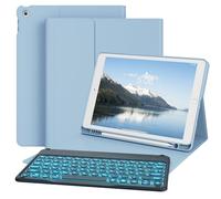 GKABXY Étui avec clavier pour iPad 9/8/7 génération (2021/2020/2019) - Coque arrière en TPU souple de 10,2" avec porte-stylo, rétroéclairage 7 couleurs, clavier Bluetooth magnétique amovible, bleu