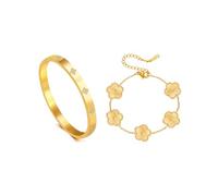 Gkaopi 2 Pièces Bracelet Trèfle à Quatre Feuilles Femme 18K Plaqué Or Acier Inoxydable Trèfle À Cinq Feuilles Bracelets avec Cubique Zirconium Empilables Réglable Chanceux Bracelets Ensemble (Or)