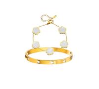 Gkaopi 2 Pièces Bracelet Trèfle Chanceux Femme 18K Carats Plaqué Or Trèfle à 4 Feuilles Bracelets en Acier Inoxydable Cristal Bracelet Trefle Porte Bonheur Fleur Bijoux Cadeaux (Blanc)