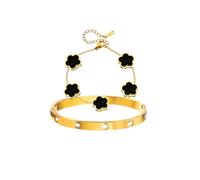 Gkaopi 2 Pièces Bracelet Trèfle Chanceux Femme 18K Carats Plaqué Or Trèfle à 4 Feuilles Bracelets en Acier Inoxydable Cristal Bracelet Trefle Porte Bonheur Fleur Bijoux Cadeaux (Noir)
