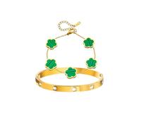 Gkaopi 2 Pièces Bracelet Trèfle Chanceux Femme 18K Carats Plaqué Or Trèfle à 4 Feuilles Bracelets en Acier Inoxydable Cristal Bracelet Trefle Porte Bonheur Fleur Bijoux Cadeaux (Vert)