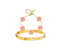 Gkaopi 2 Pièces Bracelet Trèfle Chanceux Femme 18K Carats Plaqué Or Trèfle à 4 Feuilles Bracelets en Acier Inoxydable Cristal Bracelet Trefle Porte Bonheur Fleur Bijoux Cadeaux (Rose)