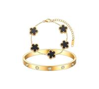 Gkaopi 2 Pièces Bracelet Trèfle Chanceux Femme Plaqué Or 18 Carats Trèfle à 4 Feuilles et Zircone Cubique Bracelets Réglable Acier Inoxydable Bracelets Cadeaux Chanceux pour Femmes Filles