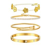 Gkaopi 4 Pièces Bracelet Trèfle Femme 18K Plaqué Or Réglable Bracelets en Acier Inoxydable Trèfle à Quatre Feuilles Tennis Bracelet Set avec Zirconia Empilable Chanceux Bijoux pour Femme Filles (Or)