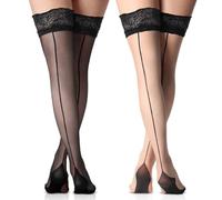 Gkaopi Bas Autofixant Femme Set - 2Pcs Jarretière Dentelle élastiquée Bas Nylon Couture de Silicone Transparent Antidérapant Bas Hauts de Cuisse Avec Large Dentelle Bande