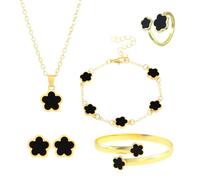 Gkaopi Ensemble de Bijoux Trèfle à Quatre Feuilles 5PCS Plaqué or 18 Carats Boucles d'Oreilles Collier Bracelet Bague Set Trèfle Bijoux pour Femme Vacances Cadeau d'Anniversaire