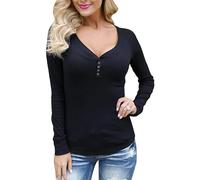 Gkaopi Haut à Manches Longues Femme à Col en V Elégant Boutons Couleurs Unies Maigre Basique T-Shirts Stylé Décontracté Maille Top Noir S