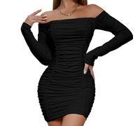 Gkaopi Mini Robe à Volants Sexy à Manches Longues pour Femme - Robe Moulante élégante - Robe Courte - Épaules dénudées - Mini Robe de Cocktail - Coupe ajustée - Robe de fête Festive, Noir, S