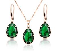 Gkaopi Parure Bijoux Femme Cristal Teardrop Pendant Collier Pendentif Boucles D'oreilles Strass Cristal de Bijoux de Mariage Strass Collier Dames Filles Fête (Vert)