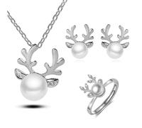 Gkaopi Parure Ensemble de Bijoux Femme, Bijoux de Noëls avec Collier de Noëls Boucles Oreilles Noëlss Bague, Parure Strass Perles Pendentif Réglable Cadeaux de Noëlss (argent, Taille unique)