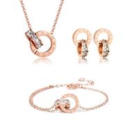 Gkaopi Parure Ensemble de Bijoux Femme Chiffres Romains Cercle Zircon Cubique Pendentif Acier Inoxydable Plaqué Or 18K Argent Réglable Boucles d'oreilles Bracelet Collier (Or rose, taille unique)
