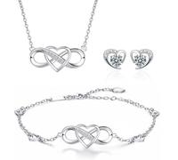 Gkaopi Parure Ensemble de Bijoux Femme Symbole Infini Cœur Collier Bracelet et Boucle d'oreille en Argent 925, Oxyde de Zircon Incrusté Réglable Pendentif Collier Bracelet Bijoux Cadeau (Argent)