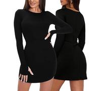 Gkaopi Robe Femme Moulante à Manches Longues Élégante Basique Slim Fit Courte Chic Mode Mini Cocktail Casual Confort Club Noche Automne Hiver Robe HS