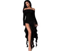 Gkaopi Robe Femme Sexy Manches Longues Midi Robes sans Bretelles Dos Nu Robe Cintrée à Volants avec Fente Robe Slim Fit Robe Club Cocktail Soirée Habillée
