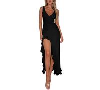 Gkaopi Robe Femme Sexy sans Manches Col en V Profond Maxi Robes Elégant à Ourlet Volanté Fendue Longue Robe de Soirée D'éte Bodycon Slim Robes pour Cocktail Party Clubbing Bal
