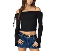 Gkaopi T-Shirt à Manches Longues pour Femme Sexy à Épaules Dénudées Hauts Y2K Court Crop Top Moulant Élégant et Décontracté Tops Slim Fit Stretch Chemise Couleur Unie Basiques Ajustée Tee Shirt