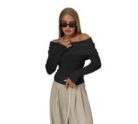 Gkaopi T-Shirt pour Femme à Manches Longues Sexy à Épaules Dénudées Chemisier Col Bateau Couleur Unie Pullover Ample T-Shirt Basique Automne