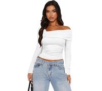 Gkaopi T-Shirts à Manches Longues Femme Sexy Hauts à épaulettes élégant Slim Fit et Décontracté Couleur Unie Stretch Top Y2k Mode Streetwear Les Achats Quotidiens BM
