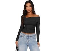 Gkaopi T-Shirts à Manches Longues Femme Sexy Hauts à épaulettes élégant Slim Fit et Décontracté Couleur Unie Stretch Top Y2k Mode Streetwear Les Achats Quotidiens HS