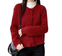GKEIOSHQIL Femmes Automne À Manches Longues Cardigan Col Rond Lâche Mignon Mode Arc Bouton Vers le bas Casual Lady Cardigan,Rouge,L